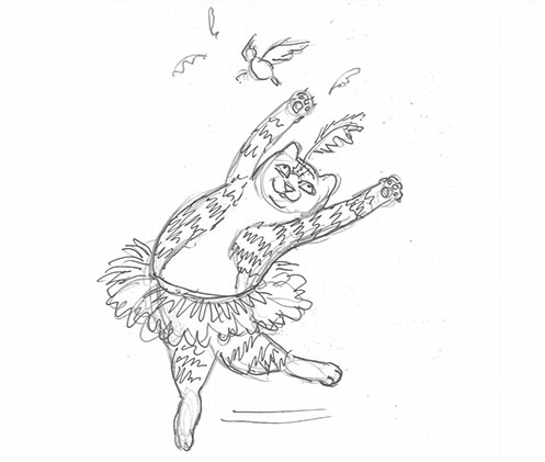 drawing of a cat chasing a bird